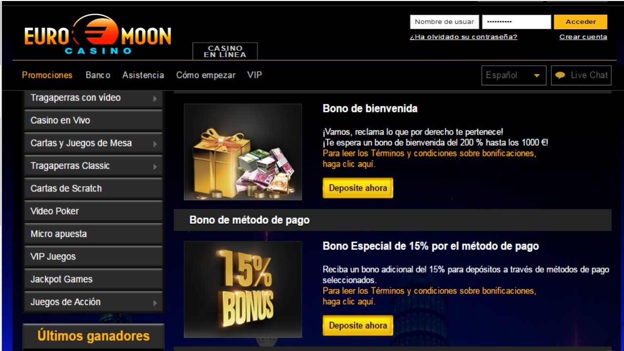 15% de bonificación por método de ingreso Casino Euromoon