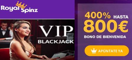 25 tiradas gratis y un incremento de 400% hasta por 800 euros en Casino Royal Spinz